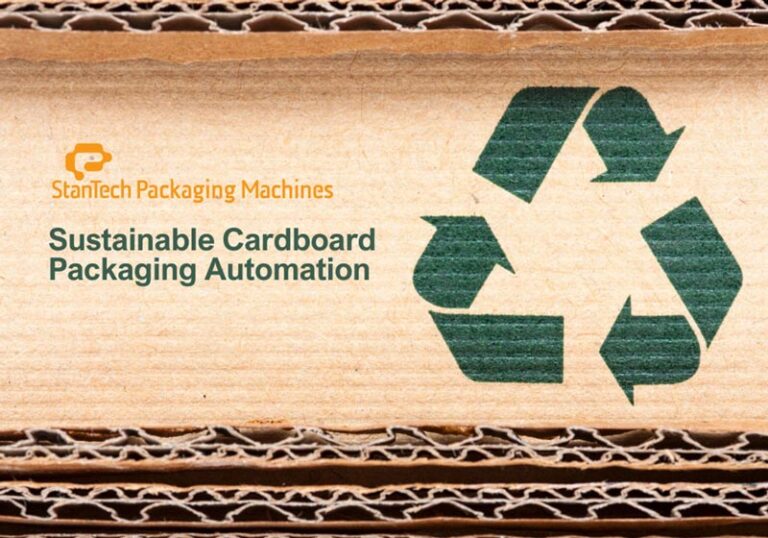 Corrugated cardboard with the StanTech Packaging Machines logo, image highlights eco-friendly packaging solutions.