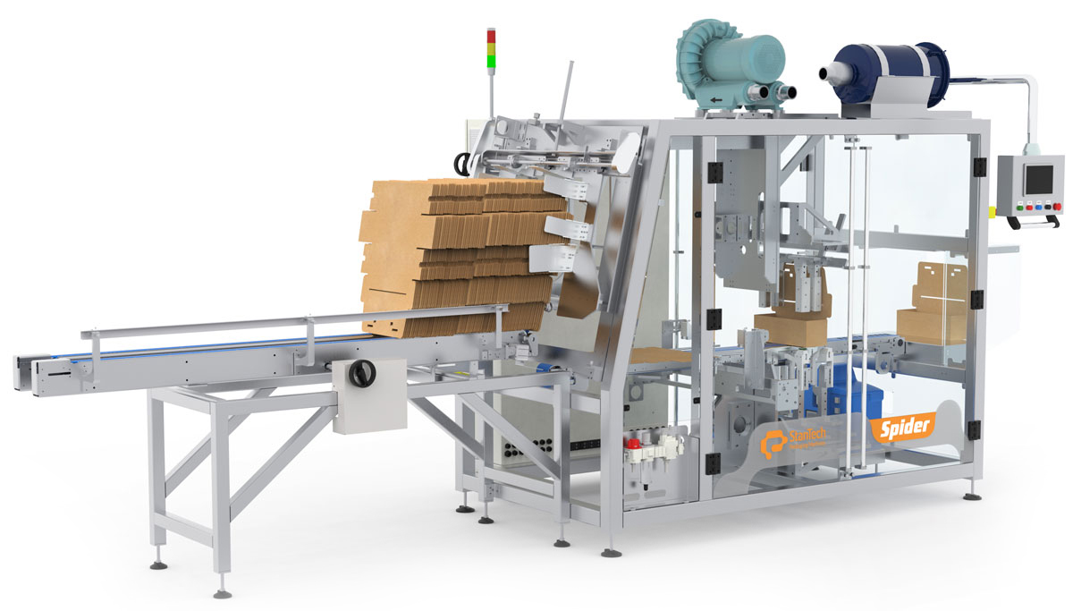 Spider tray packaging machine packs up to 35 tpm