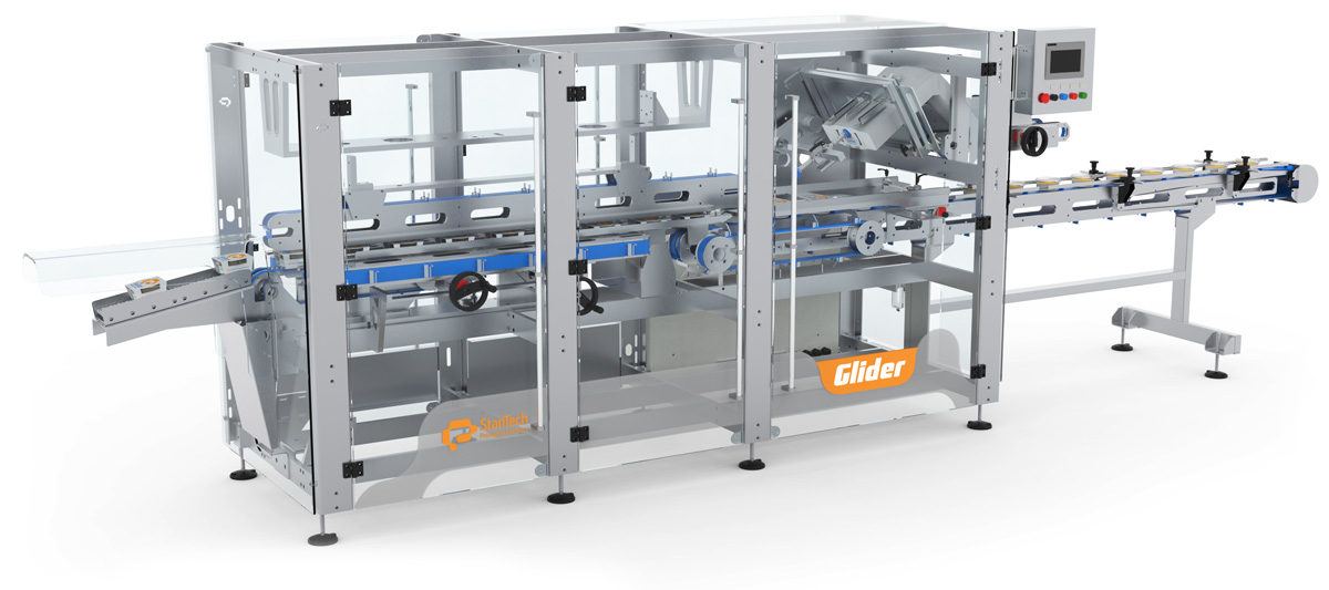 Sleeve packaging machine Glider designed to form and fold cardboard envelopes around products.